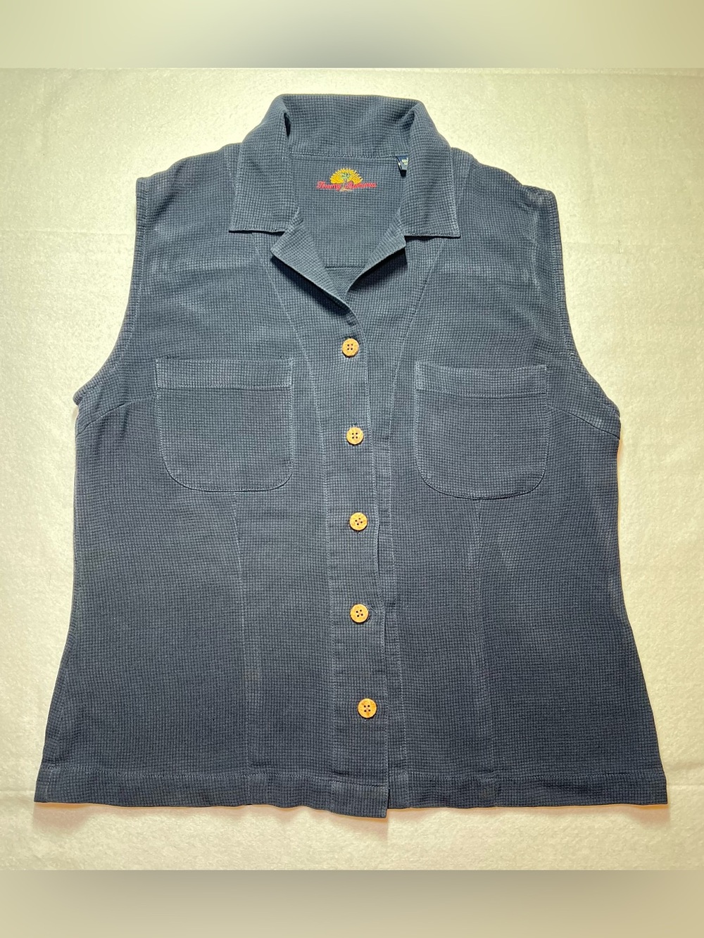 Vintage Tommy Bahama Women’s Waffle Weave Sleeveless Camp Shirt,Navy Blue,Medium